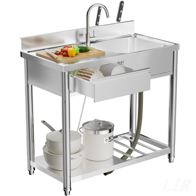 304 Stainless Steel Outdoor Utility Sink with Workbench, Storage Shelf, and 360° Hot & Cold Water Faucet