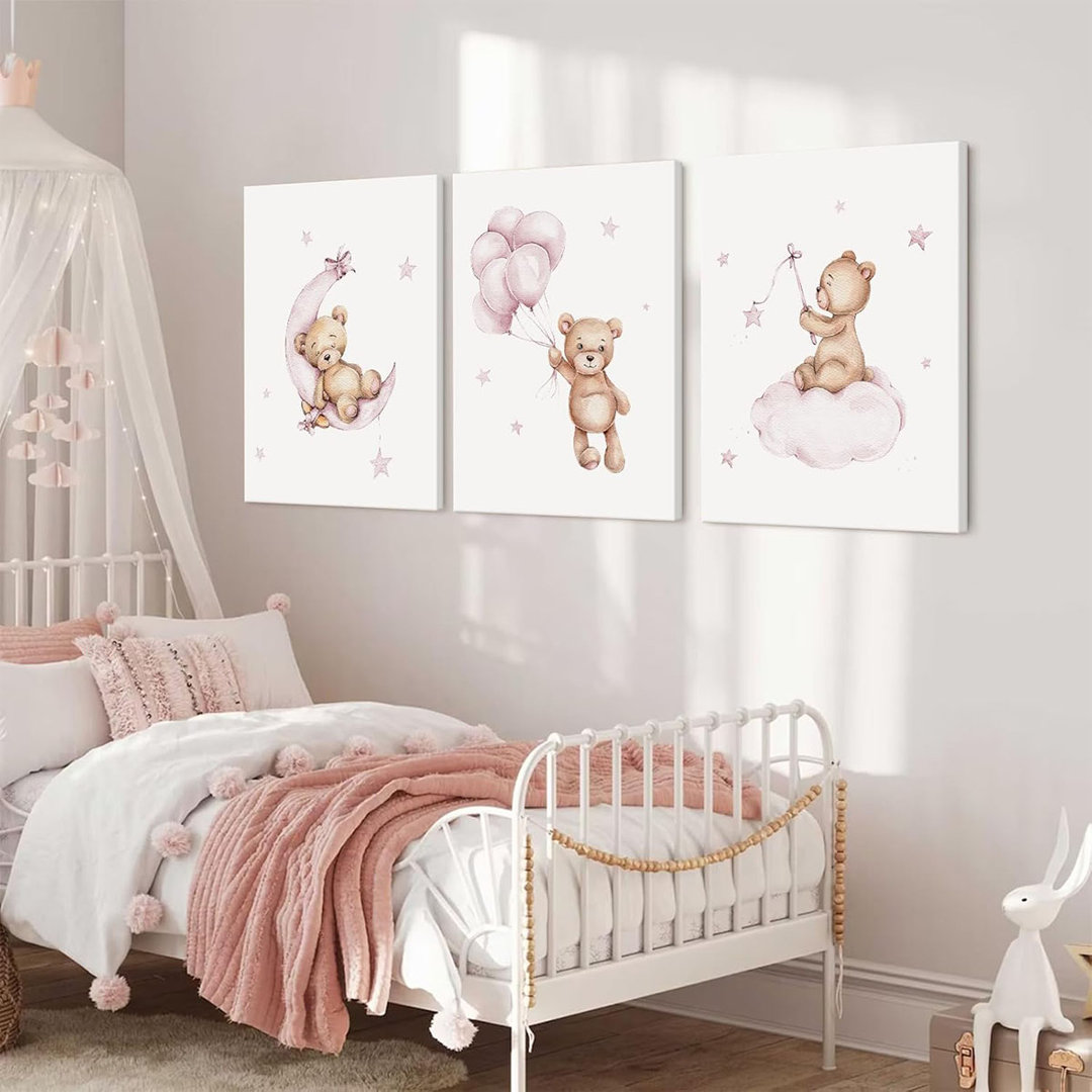 Bear Nursery Wall Art Decor Teddy Bear Wall Art Baby Girl Canvas Wall Decor Pink Pictures Balloon Nursery Children Prints Artwork Moon Star Cloud Art