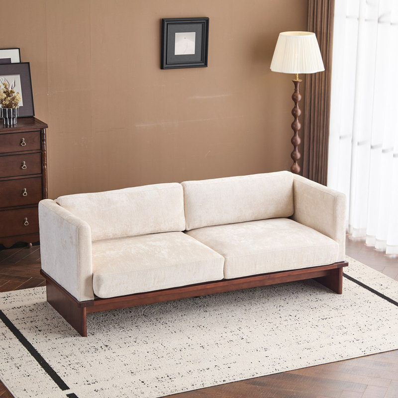 77 po Canapé rembourré carré à 3 places avec accoudoirs et base en bois massif, Beige