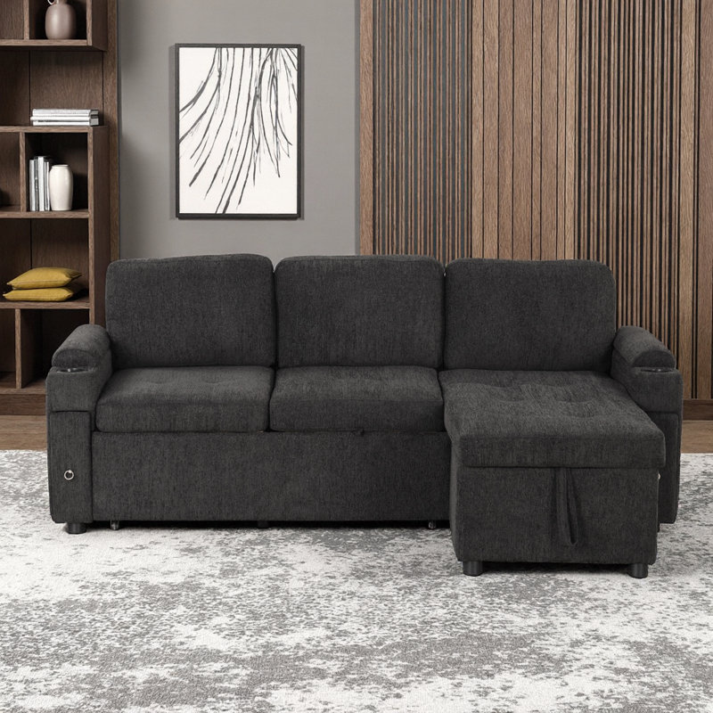 Canapé-lit en L 83,5 po convertible beige avec méridienne réversible, rangement, ports USB et porte-gobelets, Noir
