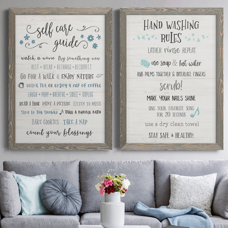 Guide to Self Care - Ensemble de 2 encadrements d'art textuel sur toile, Cadre gris, H 20 po x l 34 po x P 1,5 po