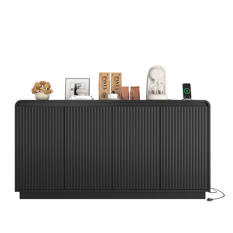59'' Fluted Sideboard With Adjustable Shelves& Power Outlet, Black