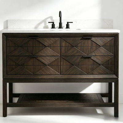 48" Freestanding Single Sink Solid Wood Dark Brown Oak Bathroom Vanity with Engineered Marble Top