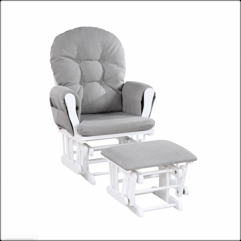 Ensemble de fauteuil oscillant et repose-pieds Mason en bois blanc avec tissu huître, parfait pour la détente en chambre de bébé