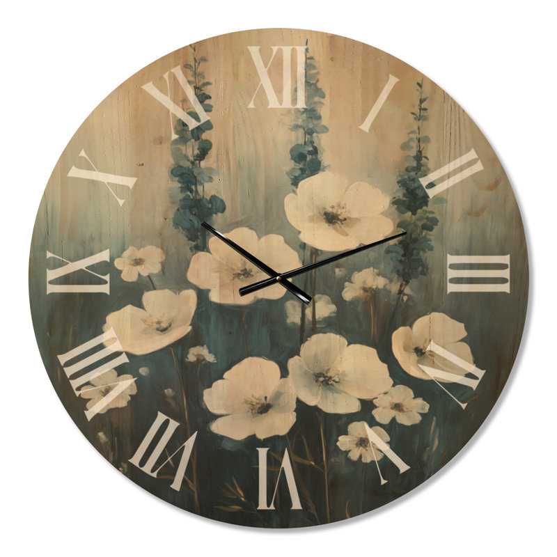 Fleurs blanches au crépuscule - Horloge murale florale, imprimée sur bois, Très grand