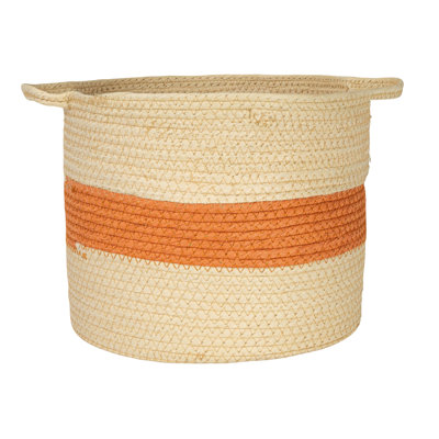 Round Handwoven Paper Rope Basket with Terracotta Stripe and Handles