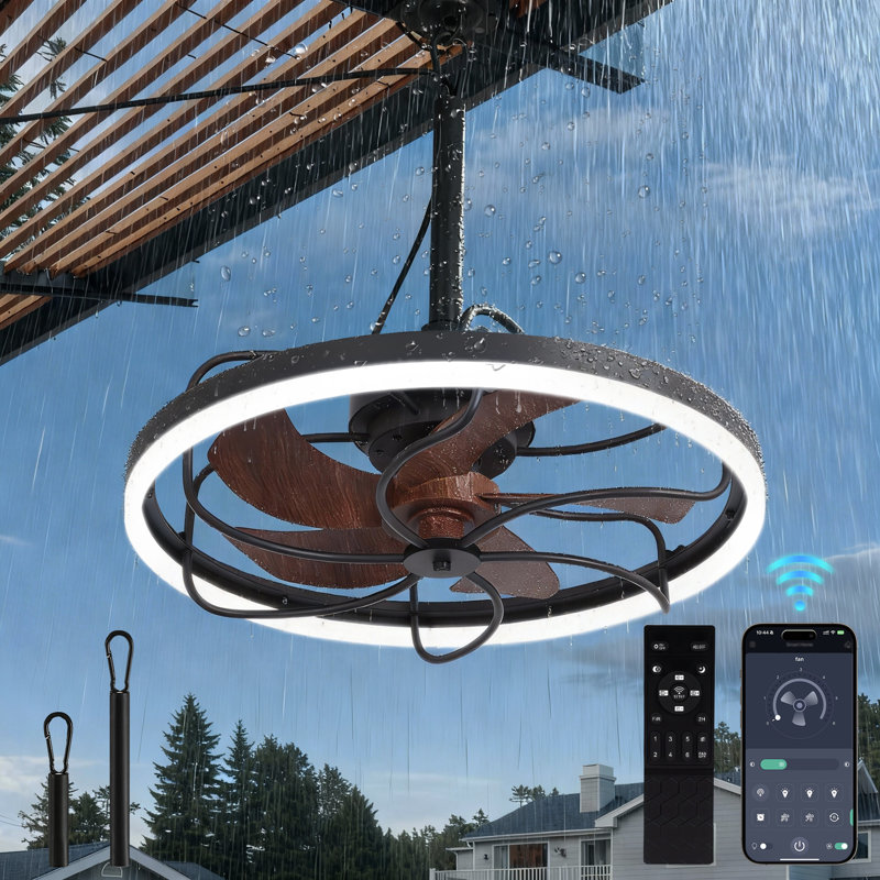 20" Waterproof Outdoor Ceiling Fan, Plug-in Caged Hanging Fan With Remote & App Control, 3cct Dimmable Led, Brown