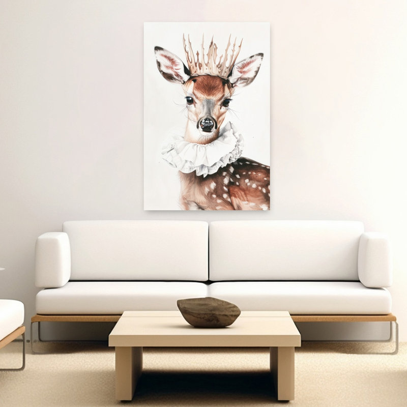 Regal Fawn Portrait Elegant Whimsical Contemporary Deer Portrait Wall Art Print by Mathieu - Wrapped Canvas Print