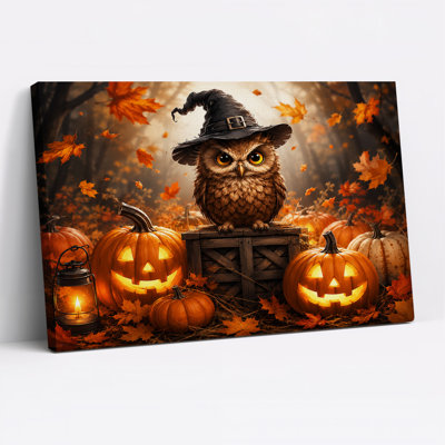 Chouette au chapeau de sorcière avec citrouilles incandescentes, art mural d'Halloween