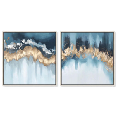 «Serene Abstract Duet», reproduction d'art sur toile, ensemble d'art abstrait côtier par Art Remedy, cadre argenté, 30 x 30