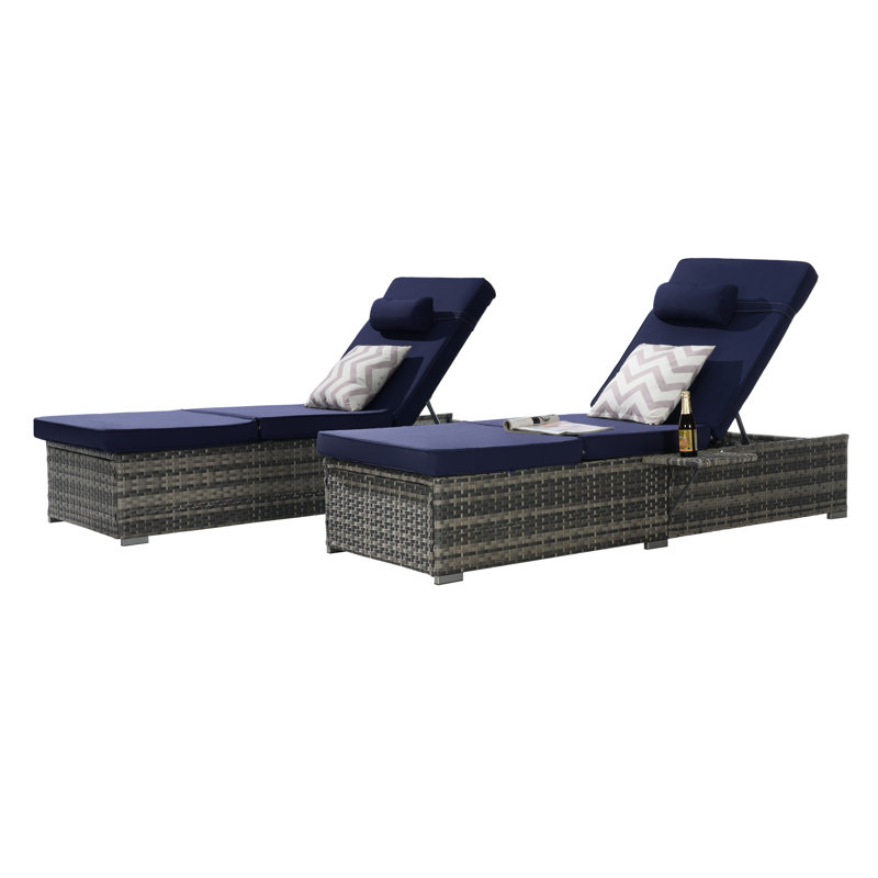 Outdoor Chaise Lounge Chair Set Of 2 With Storage Patio Pool Chairs Tanning Lounges For Outside, Dark Blue