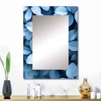 Minimalisme bleu fumé feuilles II - miroir mural décoratif feuilles, grand miroir traditionnel, art imprimé en métal