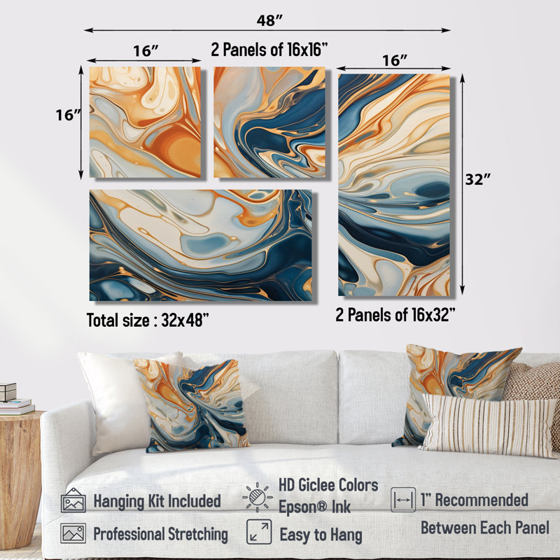 «Teal Orange Aqua Symphony», reproduction d'art moderne sur toile 4 pièces, Impression encadrée sans passe-partout, Doré