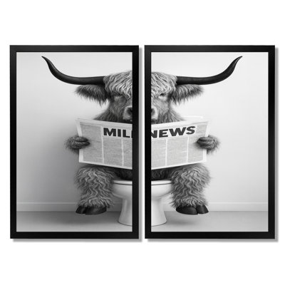 «Gold Highland Cow Gold lecture sur la toilette», reproduction d'art sur toile, 2 pièces