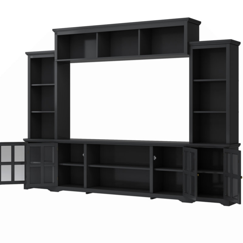 ON-TREND Minimalism  Entertainment Wall Unit With Bridge,  TV Console Table  Tvs Up To 70", Multifunctional TV Stand With Tempered Glass Door,