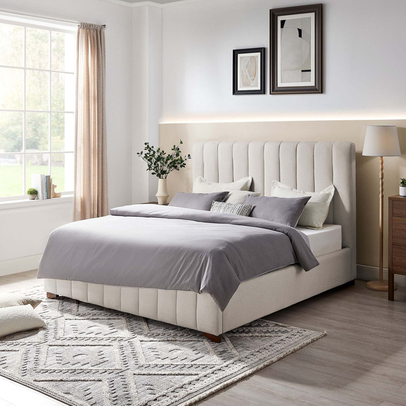 Modern Upholstered Platform Bed Frame With Headboard, White, Queen