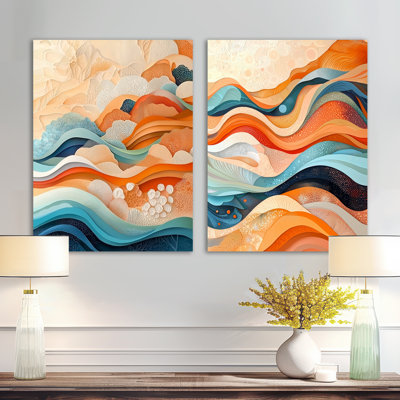 Orange transitionnel orange, vagues océaniques I - Abstrait, art mural en métal 2 pièces