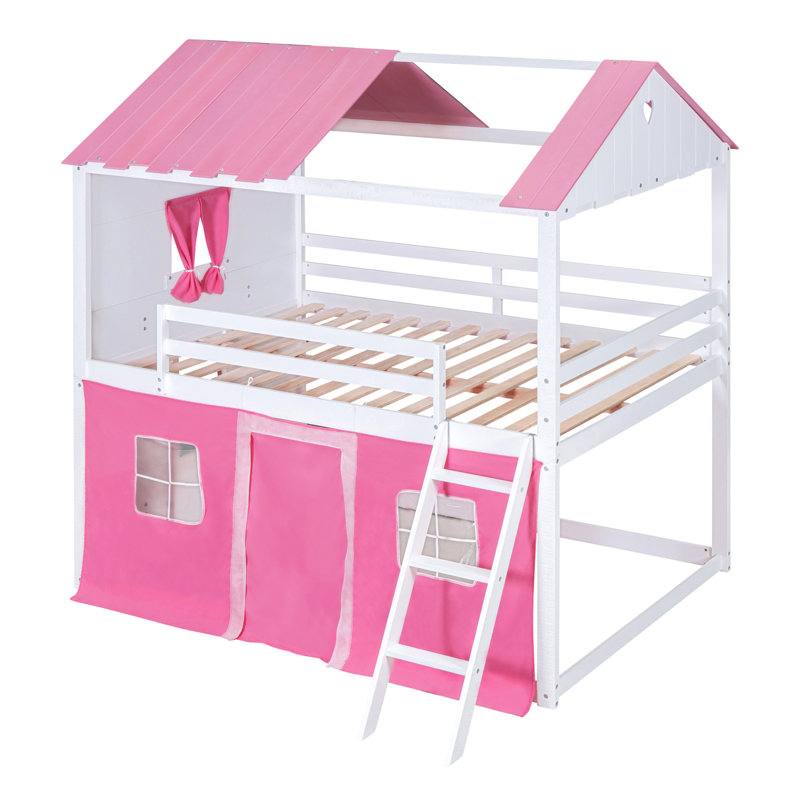 Low House Style Bunk Bed With Roof, Full , White/Pink