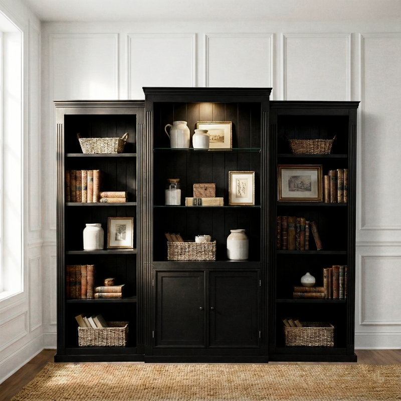 Bibliothèque rétro noire en 3 pièces avec plafonnier DEL 5 couleurs et étagères en verre ajustables, idéale pour un espace de travail ou un salon. Hauteur : 195,5 cm. Un outil d'éclairage essentiel pour la décoration intérieure.