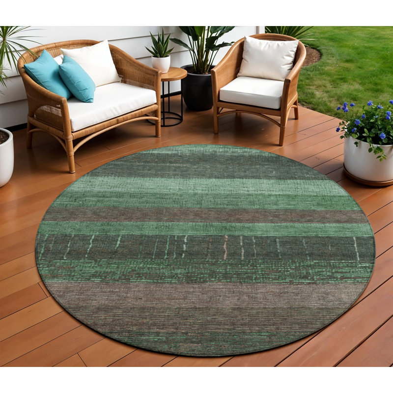 Tapis intérieur lavable rayé rond vert et kaki 8 pi