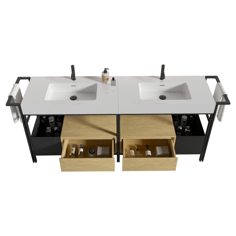 Meuble-lavabo de 72 pouces avec cadre en métal robuste, tiroir à fermeture en douceur et barre à serviettes réglable en pierre artificielle blanche, haute précision de fabrication, convenant à un décor moderne sans soudure