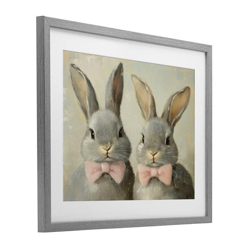 Paire de lapins roses, reproduction sous verre encadrée, design par Petal Prints Design, Cadre de ferme gris