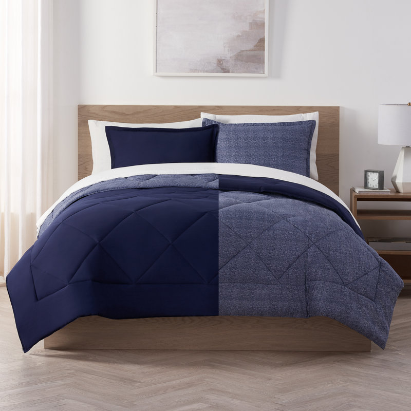Serta Supersoft Cooling Bed Set, Reversible Bedding Comforter and Solid Sheet Set, King, Navy