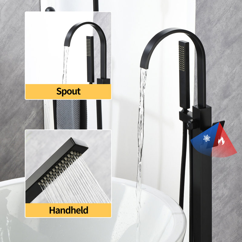 Waterfall Single Handle Floor Mount Freestanding Tub Faucet Bathtub Filler With Hand Shower, Matte Black