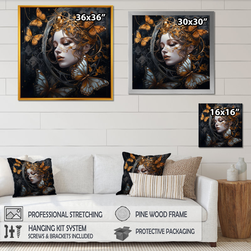 Femme, papillons dorés I - femme, impression d'art mural papillon, H 30 po x l 30 po x P 1 po, Cadre flottant doré