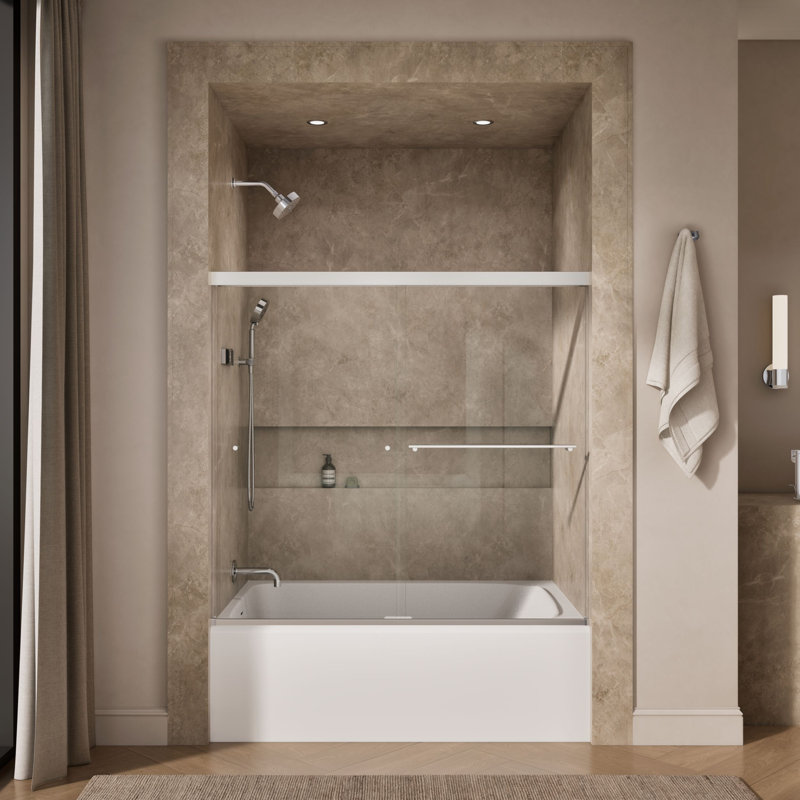 Revel 59.63'' x 55.5'' Double Sliding Bath Door with CleanCoat Technology, Bright Polished Silver, Crystal Clear