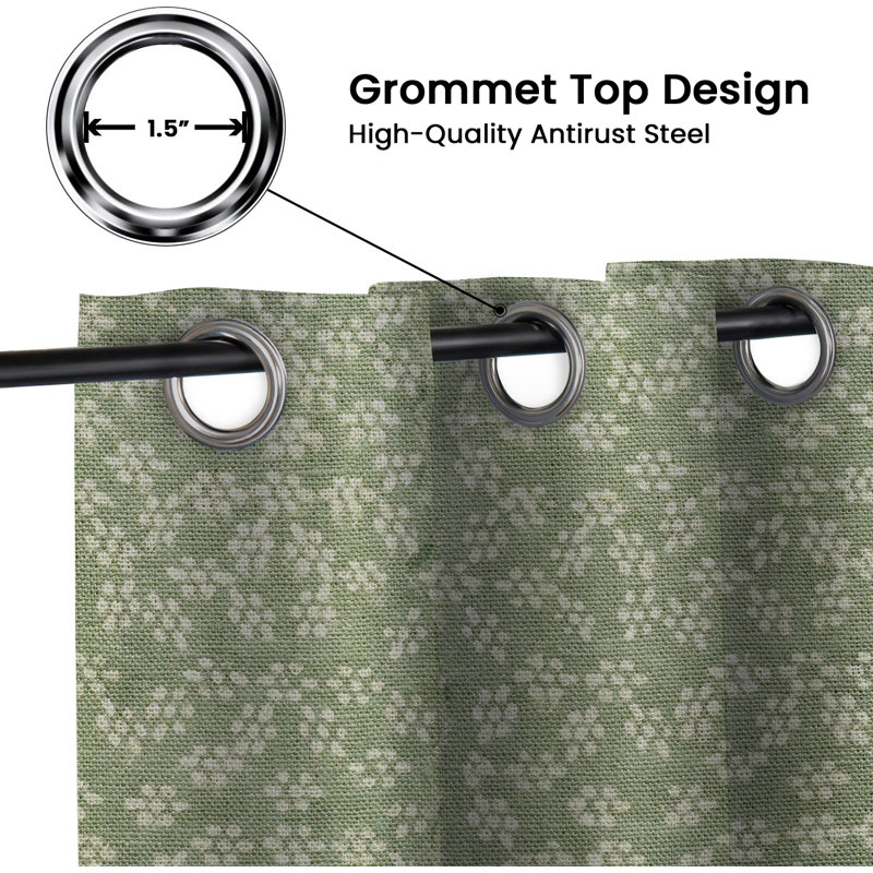Green Block Print Blackout Linen Eyelet Curtain Handmade Drape for Home Decor-Ola Vrashti, 54" W x 57" L