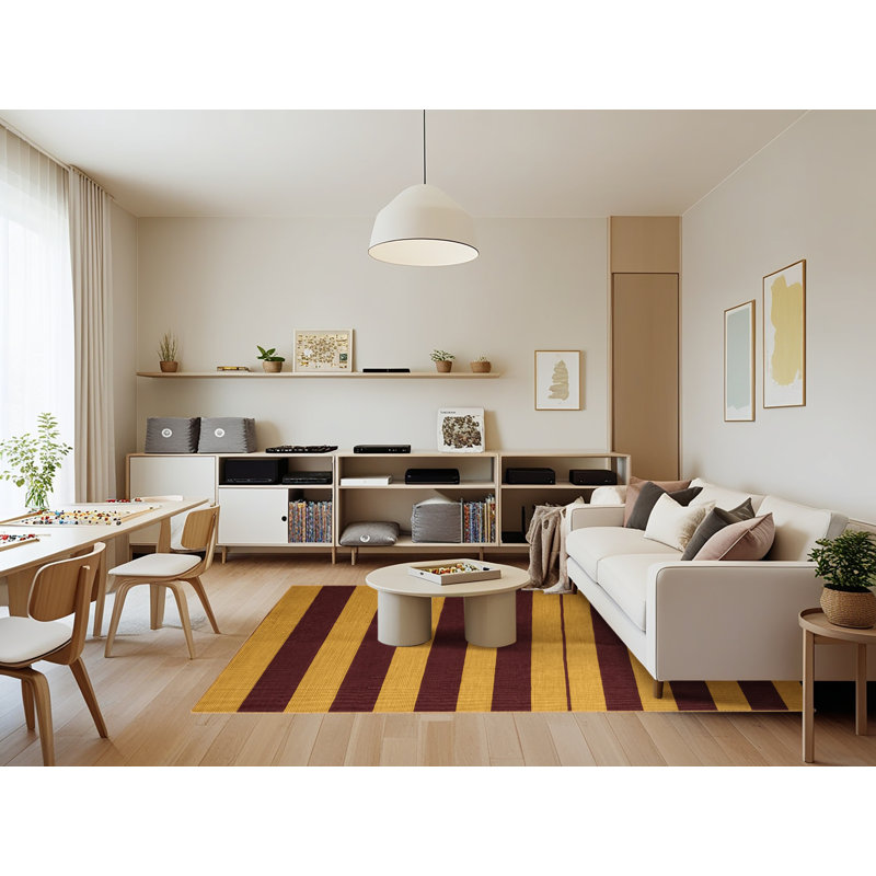 Tapis brun à rayures horizontales lavable à la machine, Rectangle 7 pi x 9 pi