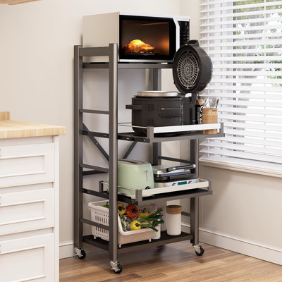 Étagère de cuisine à 4 niveaux avec roulettes, support à micro-ondes robuste en métal avec tablettes réglables, chariot de rangement roulant autoportant pour l'organisation de la cuisine