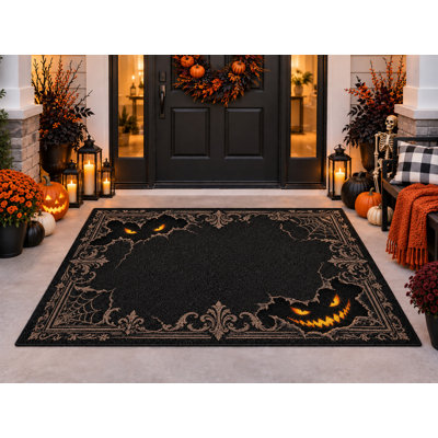 Tapis d'extérieur Halloween 5' x 7', motif masques de théâtre et Raven Rose, moquette bouclée en PVC imperméable et épaisse, tapis de patio robuste, séchage rapide pour porche et terrasse.