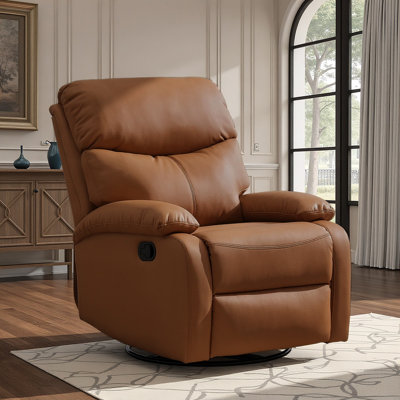 Top Grain Genuine Leather Manual Rocker Recliner Chair, Small Swivel Recliner for Living Room, Bedroom, Home Theater & RV - Brown
