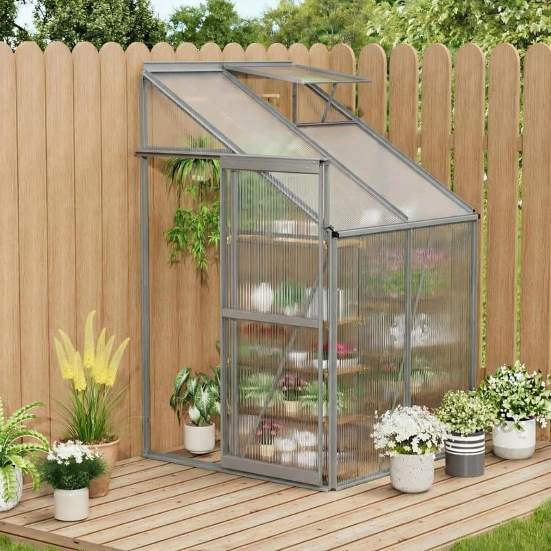 4x4FT Lean to Greenhouse Kit, Polycarbonate Walk-in, Aluminum-Steel Frame, Sliding Door, Roof Vent, Stainless Steel