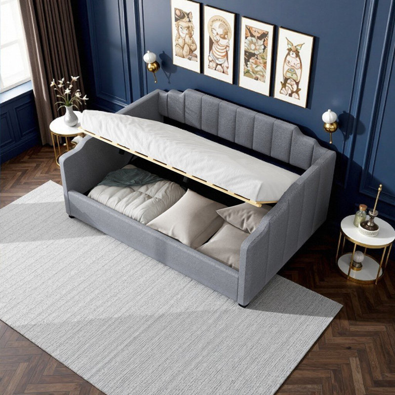 Gray Linen Upholstered Full Size Daybed with Underbed Storage | Convertible Sofa Bed | Space-Saving Design, Gray