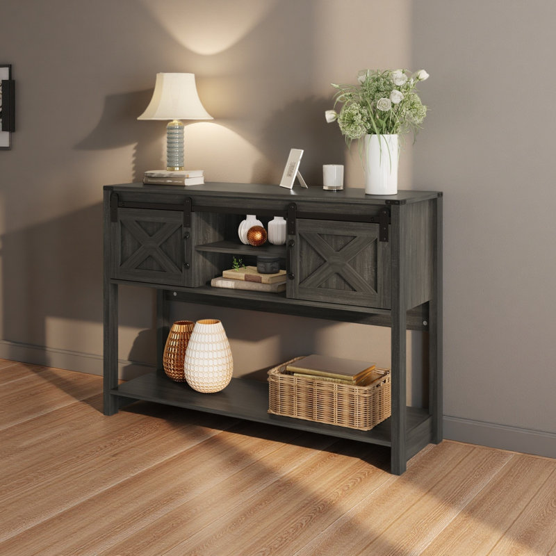 Farmhouse Entryway Table with Drawers, 46" Console Table with Sliding Barn Door, Wood Rustic Sofa Table with Adjustable Shelf for Living Room