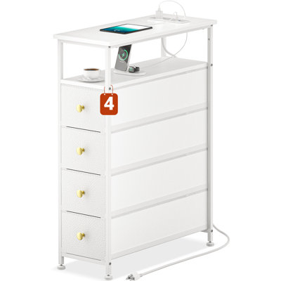 Narrow Dresser with Charging Station White Dresser with 4 Drawer Slim Chest of Drawer Bathroom Pazo