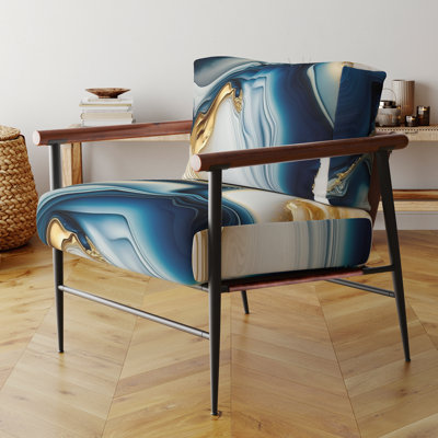 Chaise d'appoint rembourrée et abstraite à motif géométrique abstrait en marbre bleu et or II