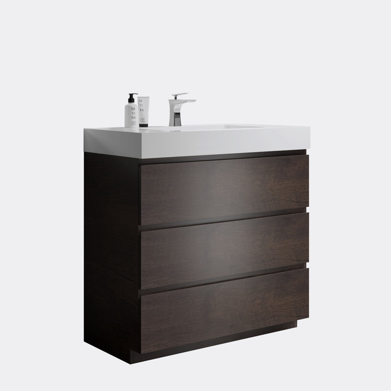 Sevon 35.8 " W Freestanding Standard Free Standing Single Double Single Vanity Bathroom Vanity With Top, White, Walnut