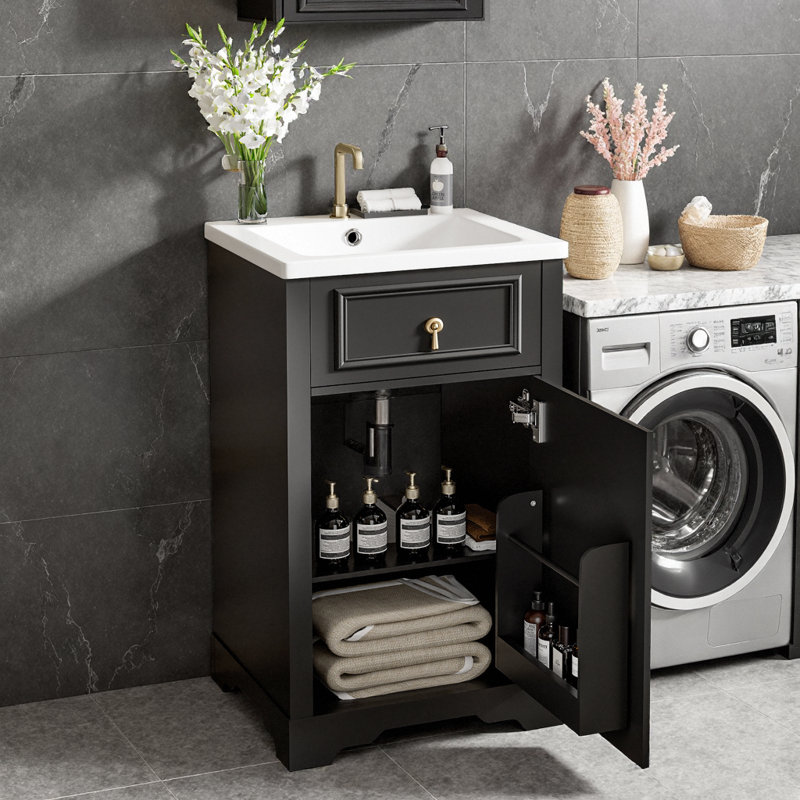 Meuble-lavabo compact 20 po avec lavabo en céramique et porte à fermeture en douceur pour économiser de l'espace, Noir et or