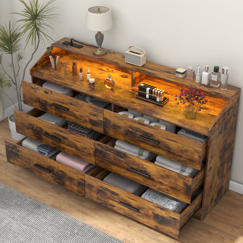 Vikky 6 Drawers Dresser with Power Outlet, Chest of Drawers with LED Light, Modern Dresser Organizer, Black/Brown