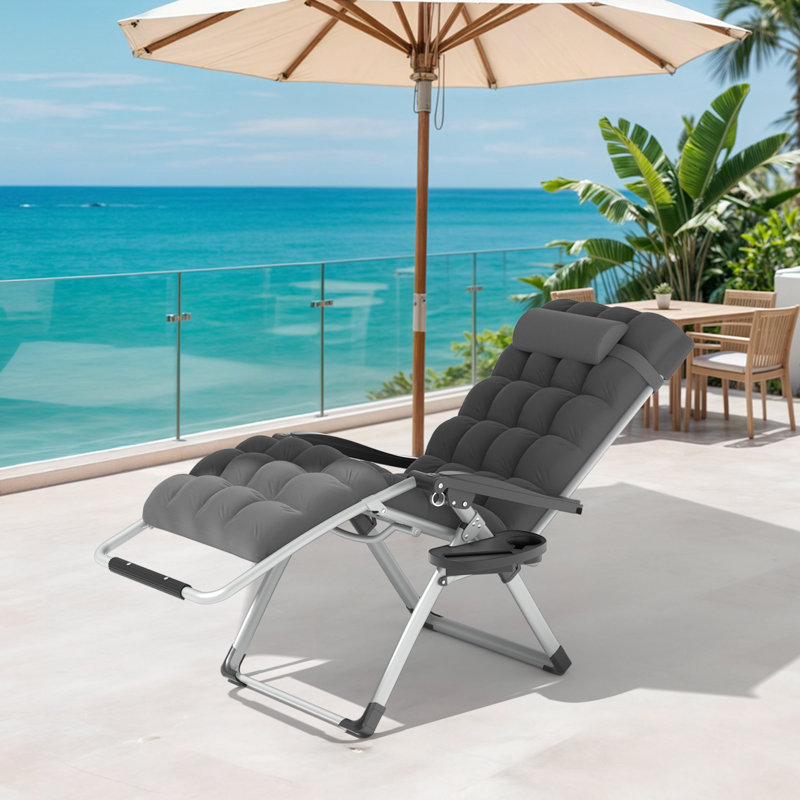 Outdoor Zero Gravity Reclining Chair Foldable Recliner Lounge Chair with Soft Cushion and Cup Holder, Gray