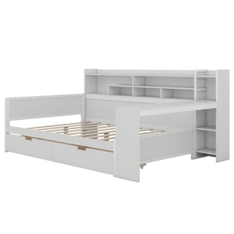 Vrishin Wooden Full Size Multi-functional Bed with Two Storage Drawers and Study Desk, Antique White