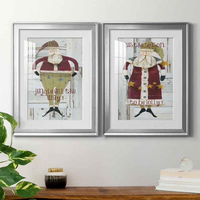 Jingle Santa - ensemble de 2 reproductions, Blanc, H 22,5 po x l 61 po x P 1,5 po, Papier avec cadre argenté