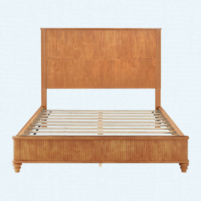 Queen Size Solid Wood Platform Bed Frame With Tall Headboard, Natural Wood Finish, No Box Spring Needed
