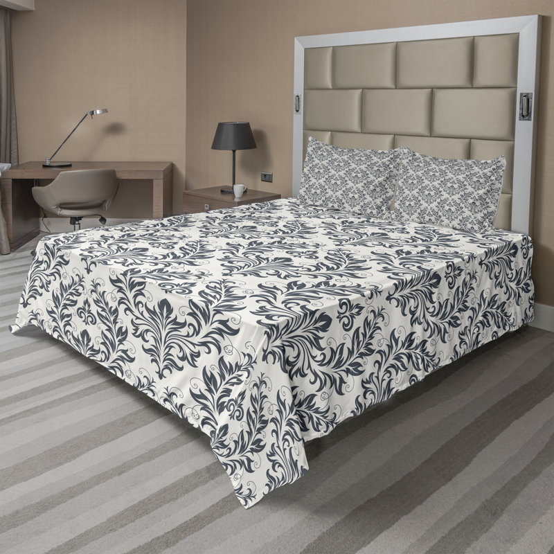 Microfiber Floral Sheet Set, King Sheet Set with 2 Pillowcases, Beige/Gray Floral