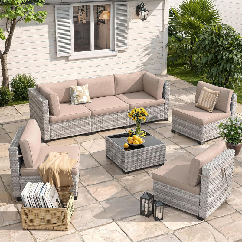 6 - Person Outdoor Patio Conversation Set with Cushions, Beige