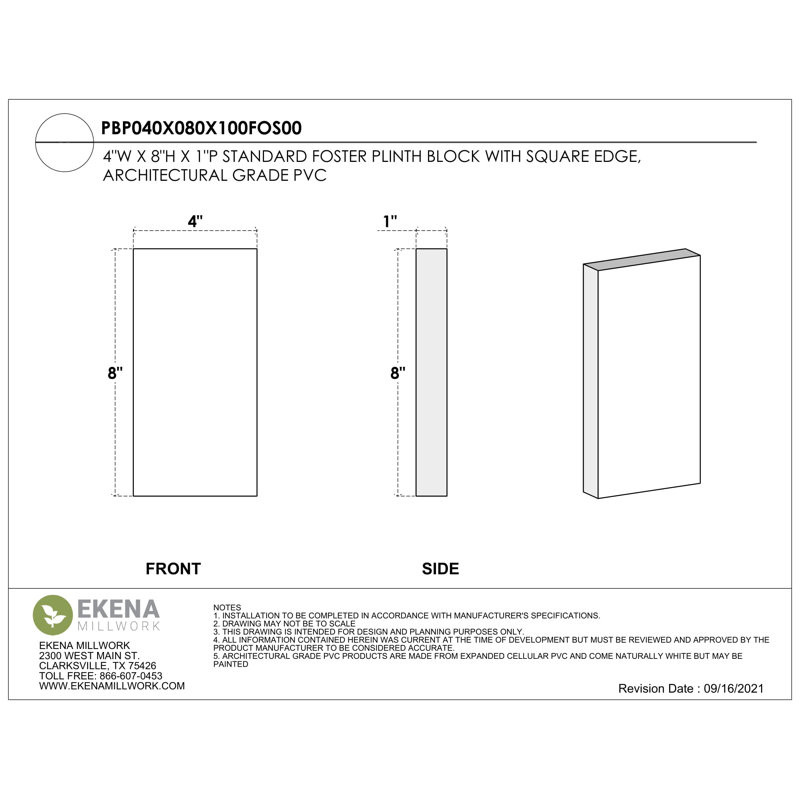 Standard Foster Plinth Block with Square Edge, 8" H x 4" W x 1" D